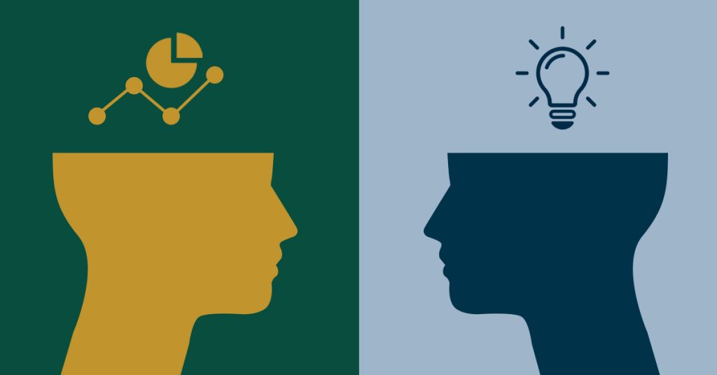 two heads with graph and idea icons above heads